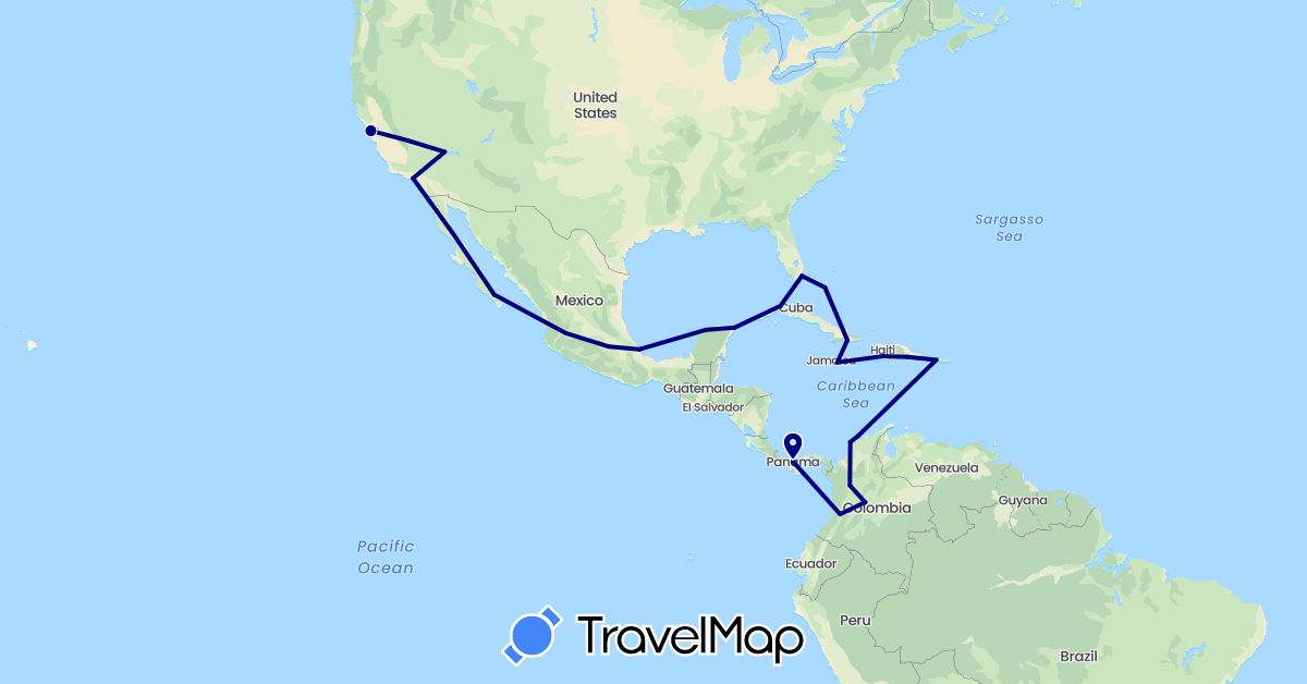 TravelMap itinerary: driving in Bahamas, Colombia, Cuba, Dominican Republic, Haiti, Jamaica, Mexico, Panama, United States (North America, South America)